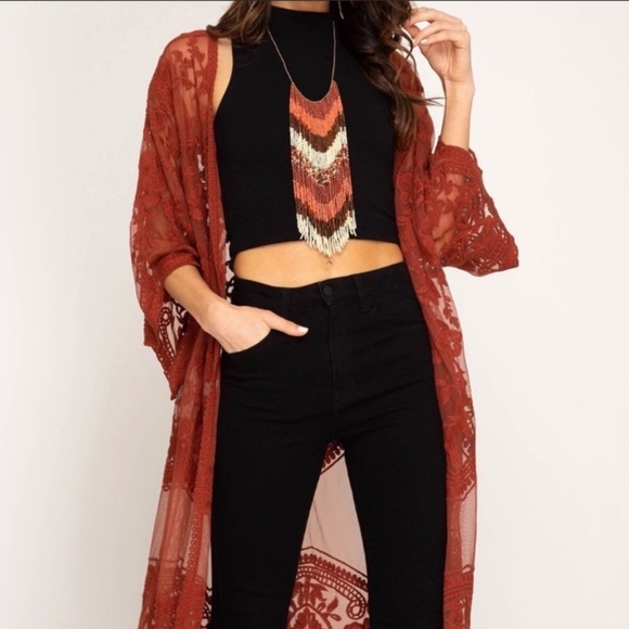 She + Sky Sweaters - NWT SHE & SKY sheer lace brick duster